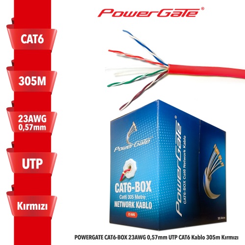 POWERGATE CAT6-BOX 23AWG CAT6 KABLO 305MT KIRMIZI